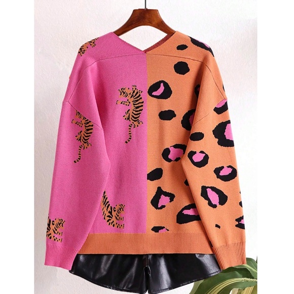 Pink Orange Animal Print Button Down V-Neck Knit Cardigan Stretchy - Picture 2 of 6